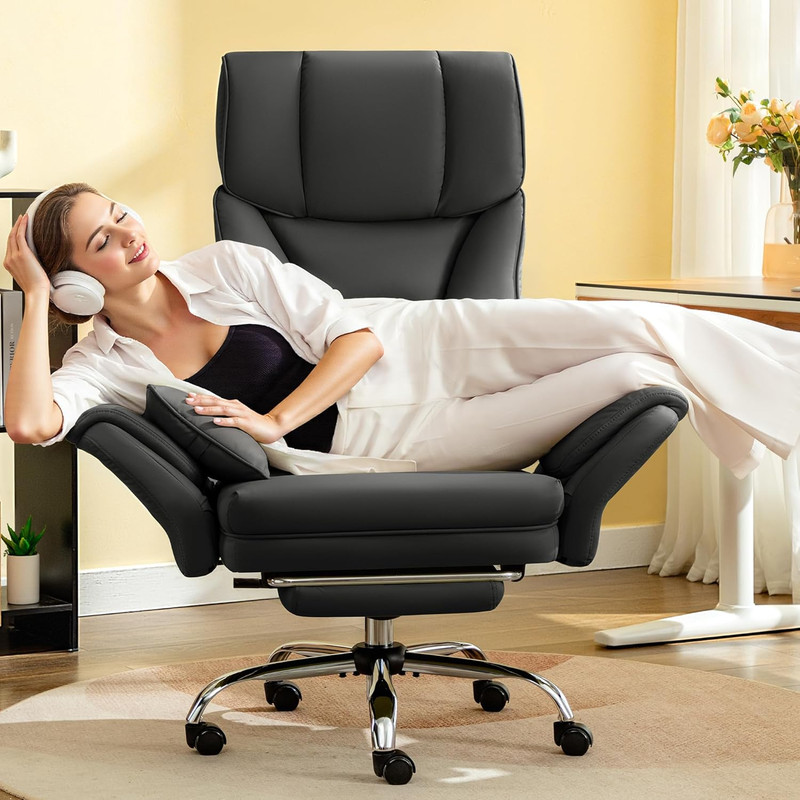 Big & Tall Office Chair, 400LBS, Leather, Reclining, w/ Footrest, Black gallery