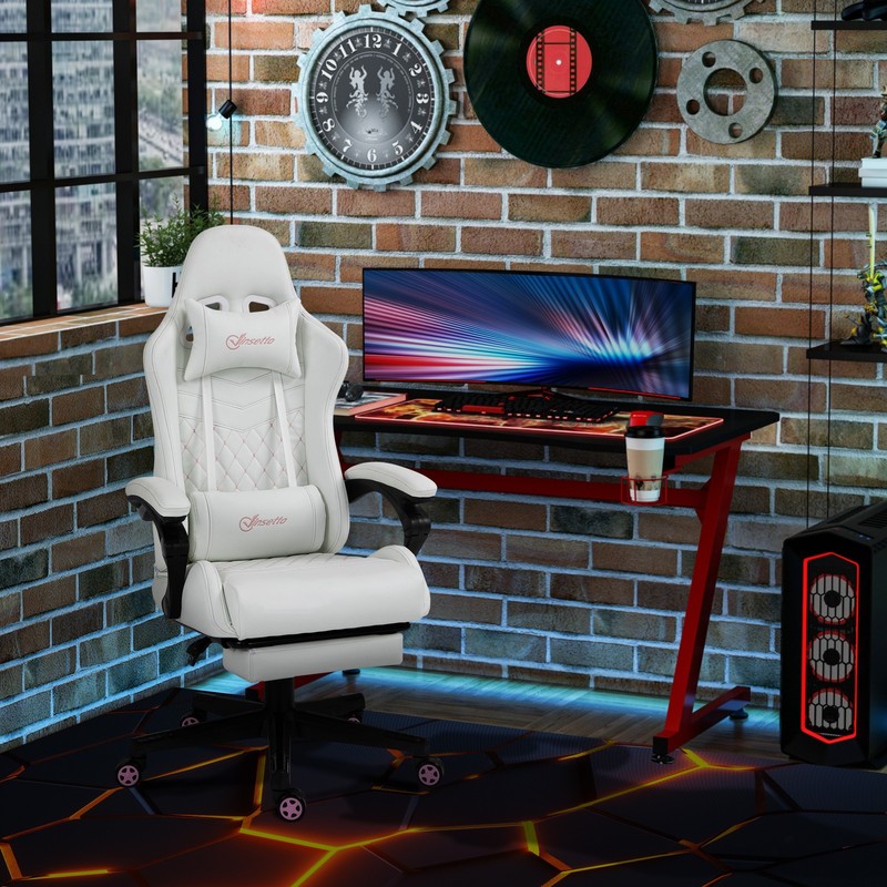 Racing Gaming Chair w/ Padded Arms, PU Leather Gamer Recliner Home Office White gallery