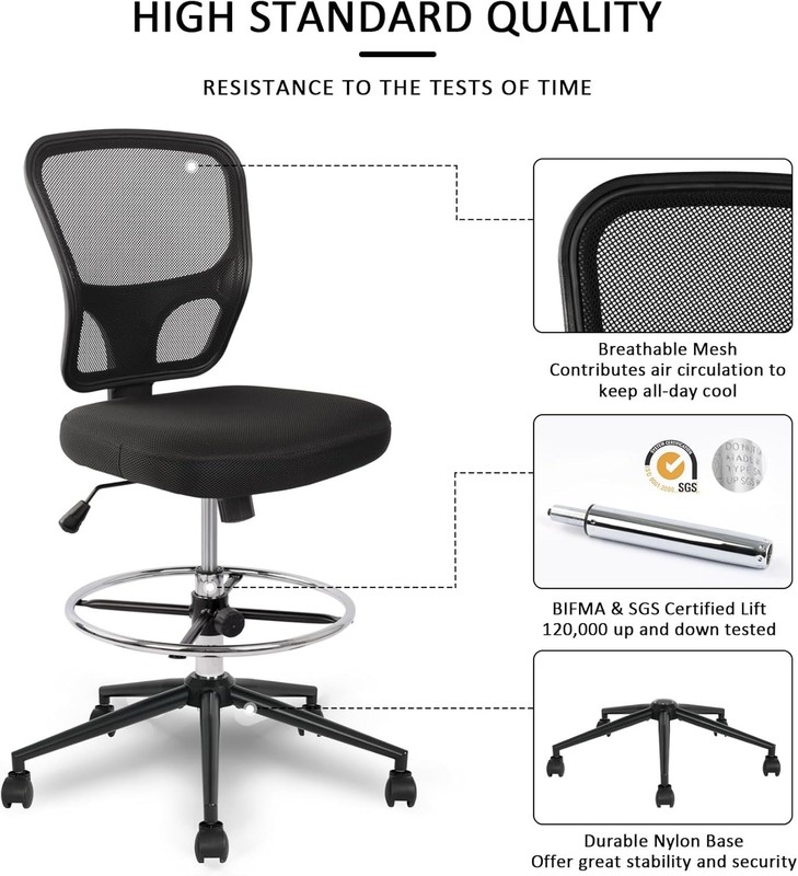Armless Drafting Chair Tall Office Chair Adjustable Height High Back Ergonomic gallery