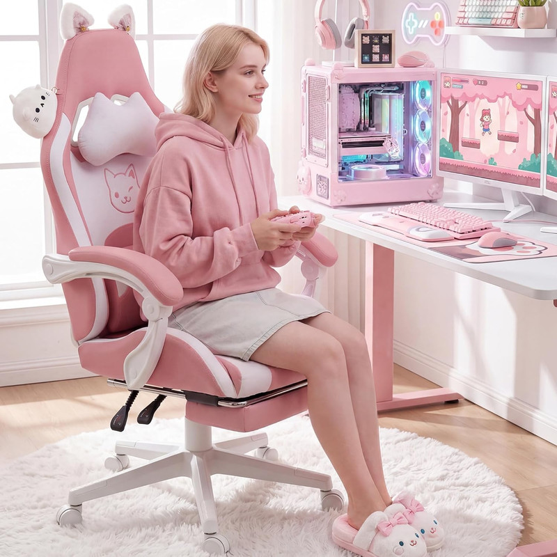 Dowinx Pink Gaming Chair with Cat Ears and Massage Lumbar Support, Ergonomic Com gallery