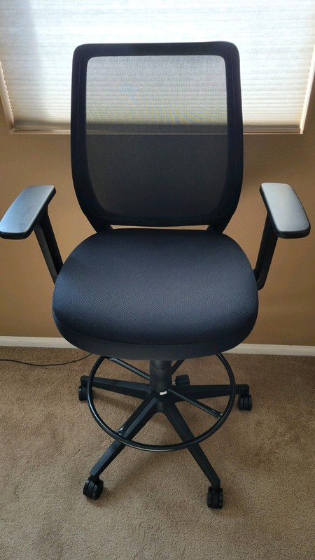 Staples Essentials Fabric Drafting Stool with Backrest and Footrest, Black...