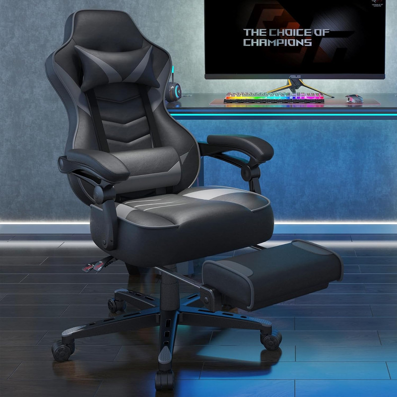Gaming Chair Reclining Ergonomic Office Chair w/ Footrest Lumbar Gray gallery