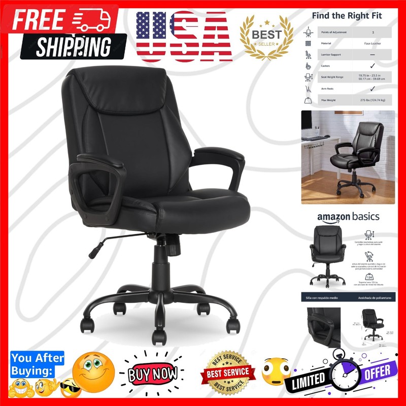 Classic Puresoft PU Padded Mid-Back Office Desk Chair with Armrest, Easy Asse…