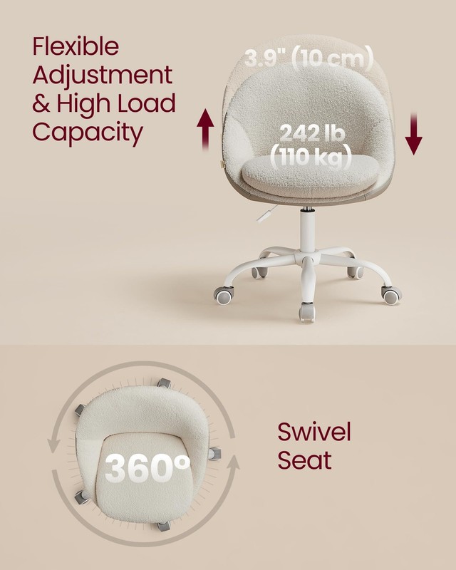 Vanity Chair with Back, Adjustable Swivel Cute Desk Chair with Wheels, Sherpa... gallery