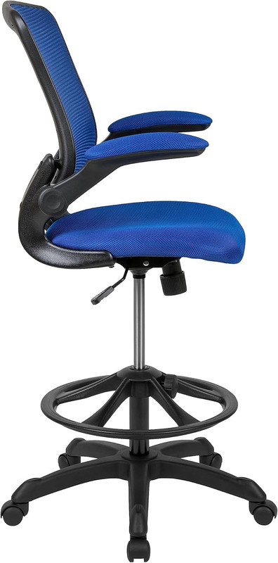 Blue Mesh Ergonomic Drafting Chair with Adjustable Foot Ring & Flip-Up Arms gallery