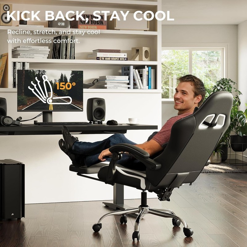 White & Black Gaming Chair with Adjustable Footrest, 330lbs Capacity gallery