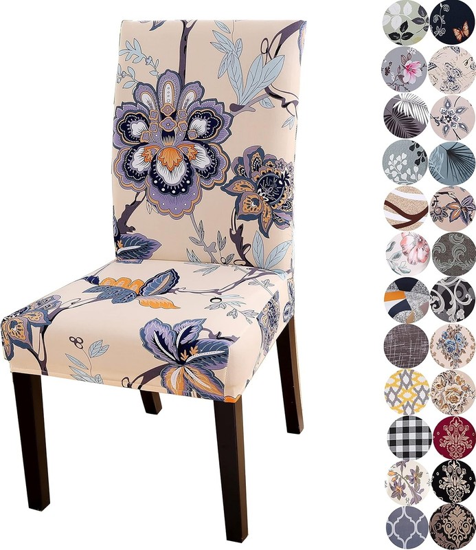 Stretchy Parson Chair Slipcovers for Dining Room seat 4, Beige Flowers