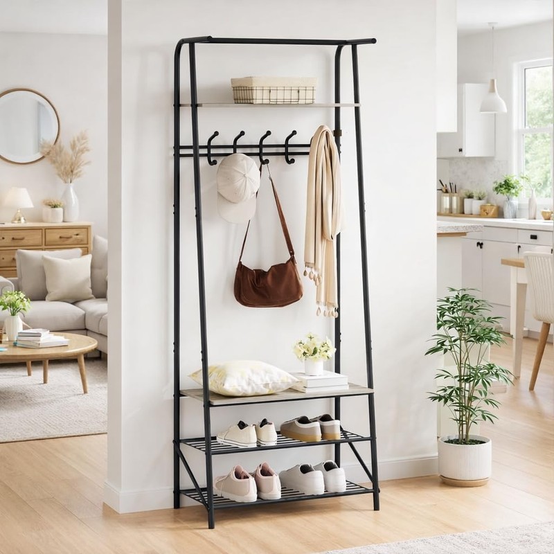 25 Freestanding Metal Hall Tree Shoe Rack Coat Rack Hooks 4-Tier Storage Shelves