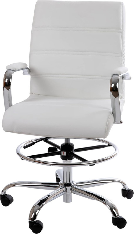 Stylish White Mid-Back Swivel Drafting Chair with Armrests & Foot Ring