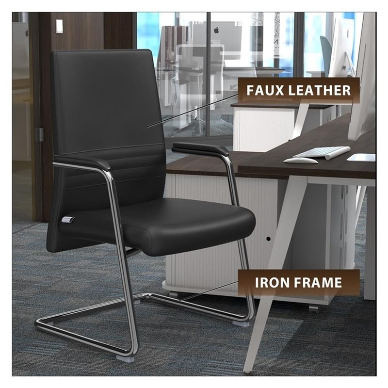 LeisureMod Aleen Leather & Metal Office Chair with Fixed Armrest in Black/Silver gallery