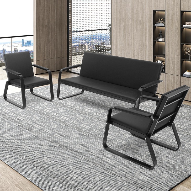 Reception Room Sofa Set 3 PCS Office Chair Guest Sofa Waiting Bench PVC Leather