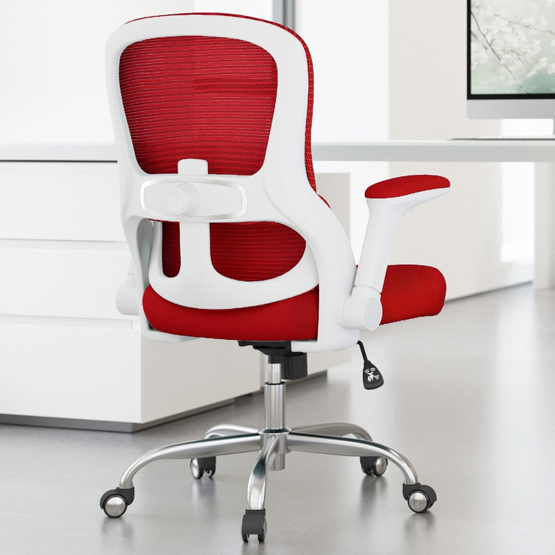 Ergonomic Office Chair with Adjustable Lumbar Support & Flip-Up Armrests (Red)