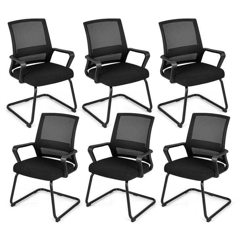 Office Guest Chair Set of 6 w/ Lumbar Support, Mesh Back without Wheels Black