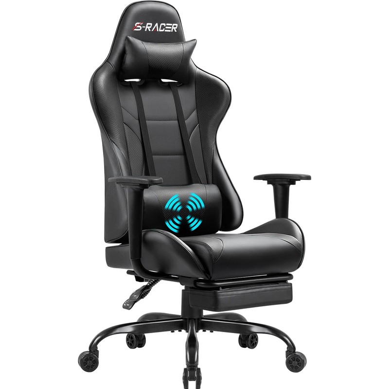 Back Gaming PU Leather Chair with Footrest Chair Massage Office Chair High Blac
