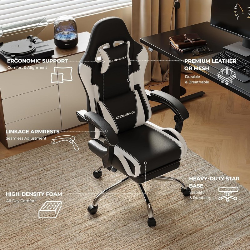 White & Black Gaming Chair with Adjustable Footrest, 330lbs Capacity gallery