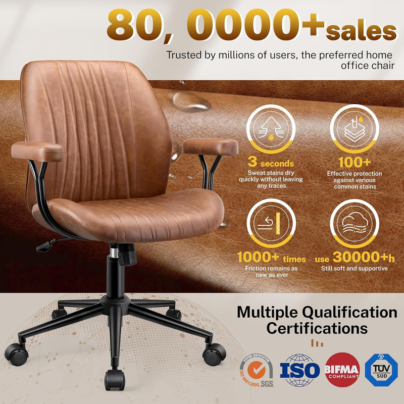 Leather Office Chair with Removable Armrests, Mid Back Ergonomic Desk Chair gallery