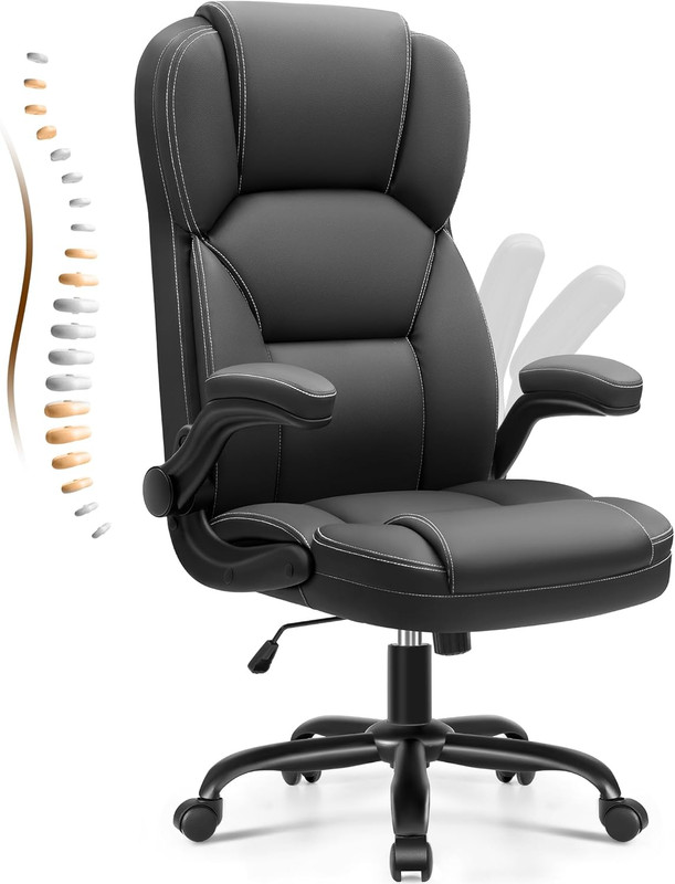 Ergonomic High Back PU Leather Office Chair with Flip-Up Arms, Black