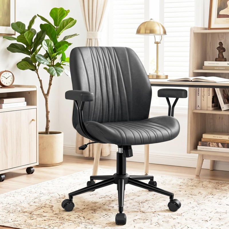 Home Office Desk Chair with Removable Armrests, Modern PU Leather Executive C...
