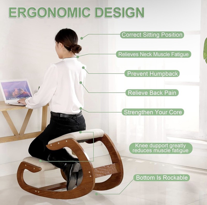 Ergonomic Kneeling Chair Rocking Wooden Posture Stool with Linen Cushion gallery
