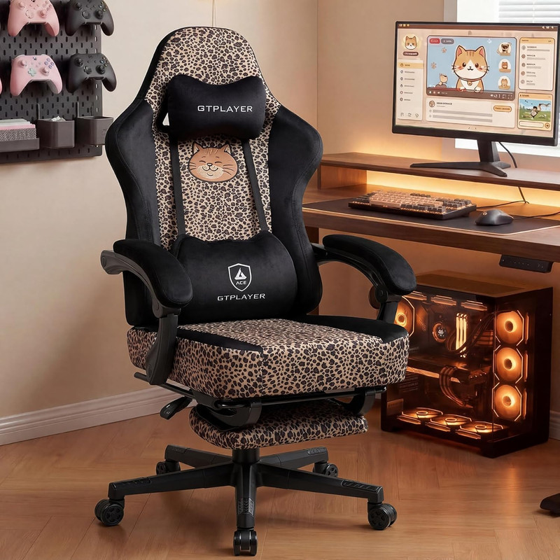 Gaming Chair with Leopard Print Cat, Cute Velvet Fabric Ergonomic Office Chair w