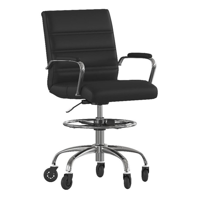 Drafting Chair with Roller Wheels Adjustable Foot Ring – Black LeatherSoft