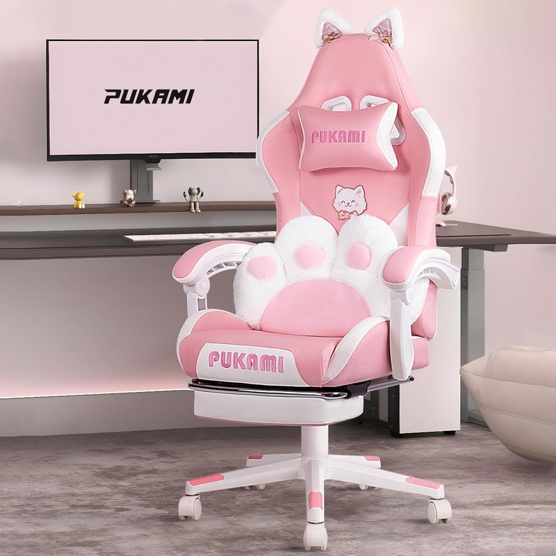 Pink Gaming Chair Cute W/ Cat Ears & Cat Paw Lumbar Cushion Ergonomic Computer