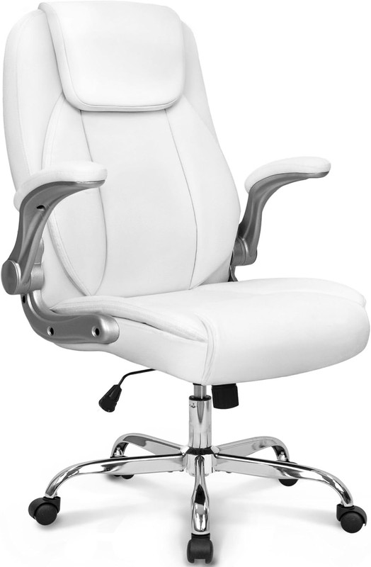 Silla ergonomica de oficina gamer blanca de cuero PU con reposabrazos abatibles