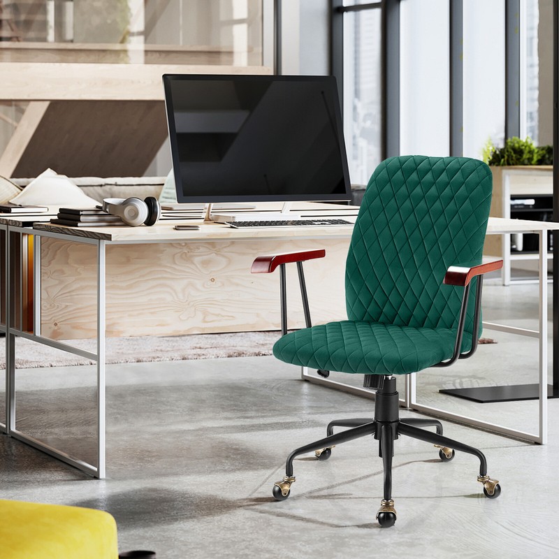 Swivel Adjustable Task Chair Velvet Home Office Chair w/ Wooden Armrest