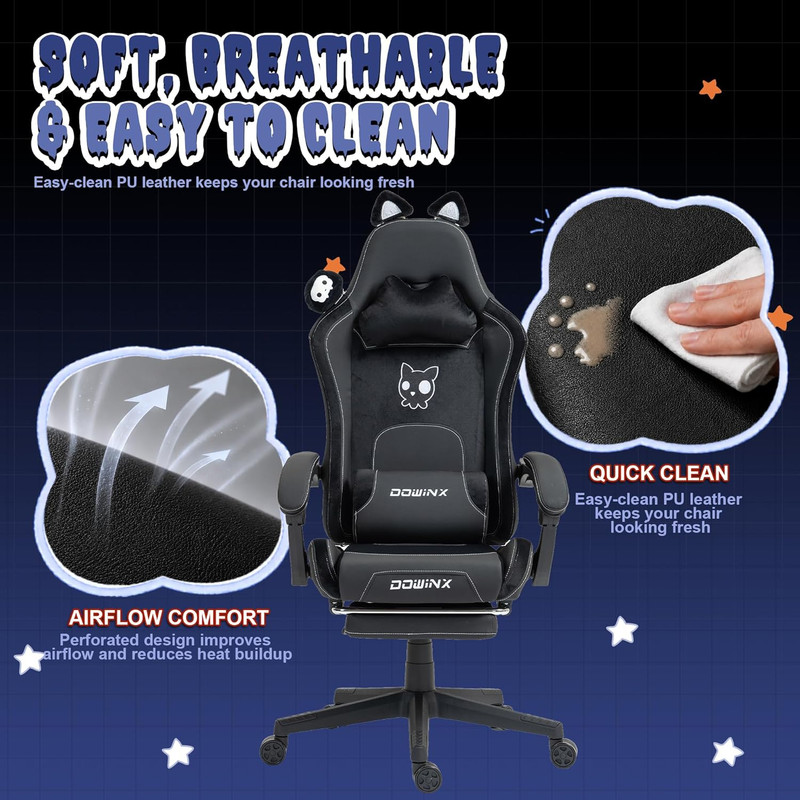 Dowinx Gaming Chair with Cat Ears and Massage Lumbar Support, Ergonomic Computer gallery