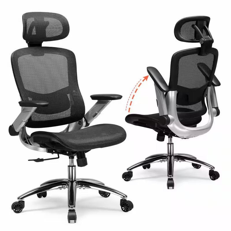 Big and Tall High Back Office Chair with Flip-Up Arms Gray Ergonomic Mesh High B
