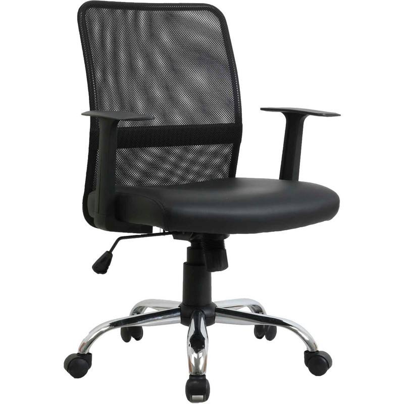 Mesh Back Leather Task Chair With Mid Back Fixed Arms Synthetic Leather Black
