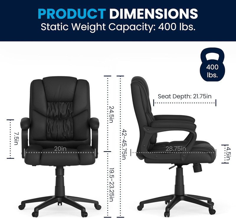 Ergonomic Big & Tall Swivel Office Chair with Padded Armrests, Black gallery