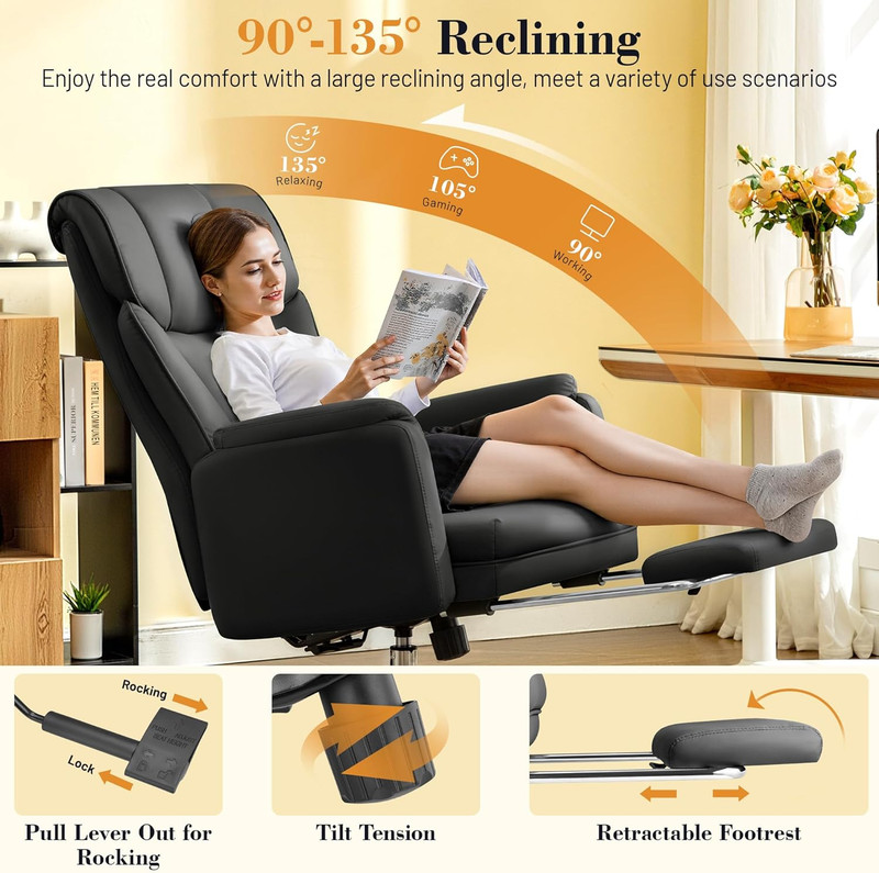 Big & Tall Office Chair, 400LBS, Leather, Reclining, w/ Footrest, Black gallery
