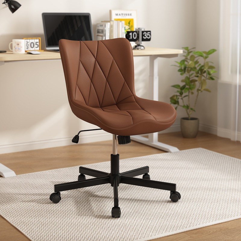 Armless Office Chair, Leather Desk Chair with Wheels for Home Office,Brown