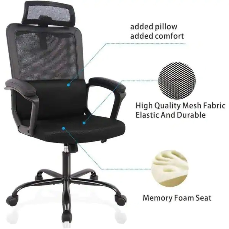 Ergonomic Black Mesh Home Office Chair with Support/Adjustable Head Rest gallery
