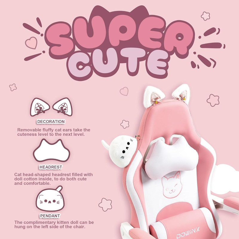 Gaming Chair Cute with Cat Ears and Massage Lumbar Support, Ergonomic Computer C gallery