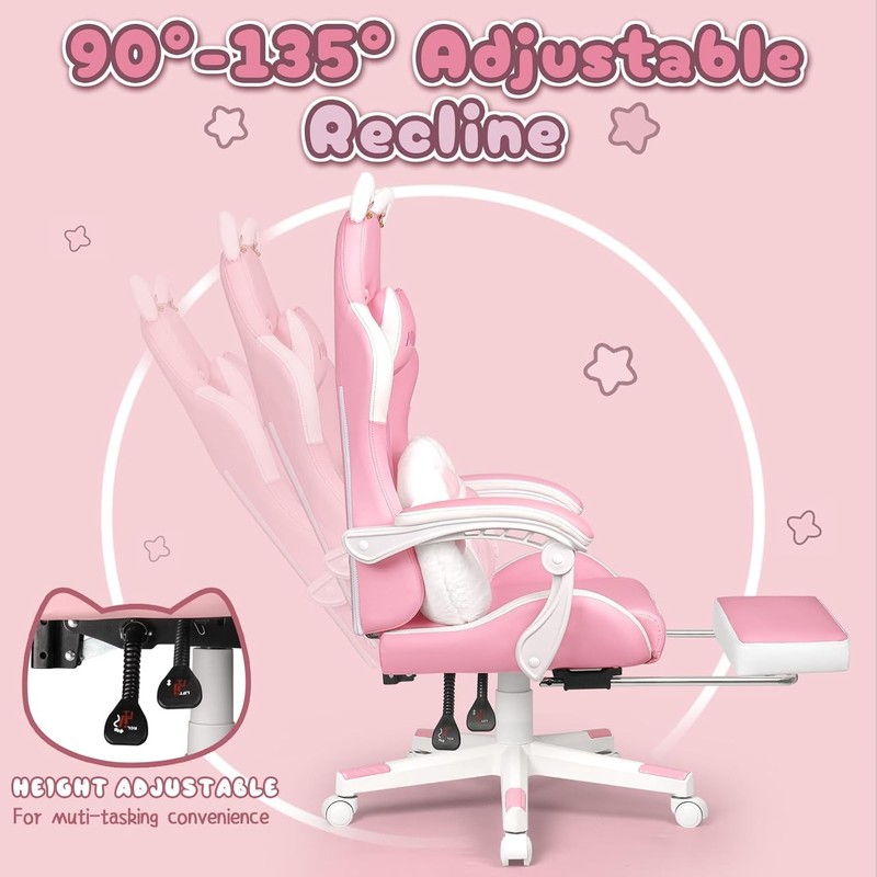 Pink Gaming Chair Cute W/ Cat Ears & Cat Paw Lumbar Cushion Ergonomic Computer gallery