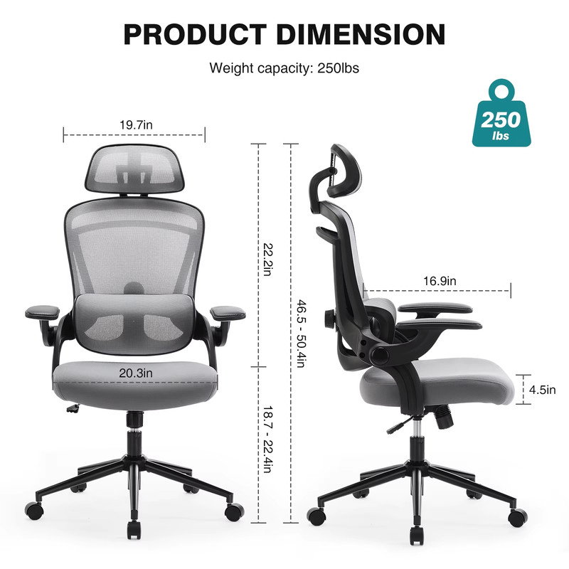 Ergonomic Mesh Office Chair, Adjustable Lumbar Support, 120° Tilt, Flip-Up Arms gallery