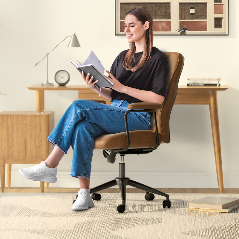 Brown Leather Office Chair with Wheels and Arms Mid Back Ergonomic Desk Chair