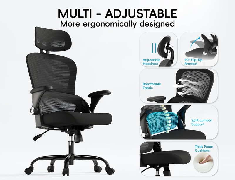 Ergonomic Mesh Office Chair with Lumbar Support Headrest Wide Seat 330Lbs Black gallery
