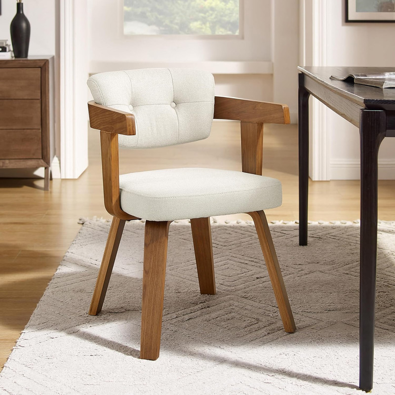 Office Chair No Wheels - Mid Century Modern Desk Chair, Fabric Upholstered Accen