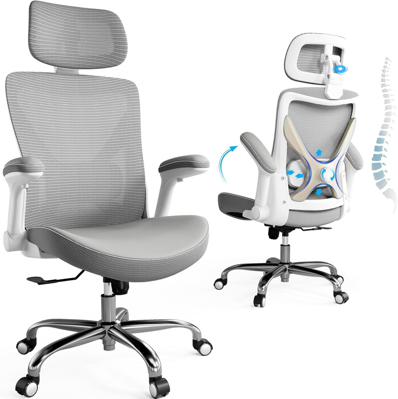 Ergonomic Office Chair with Adjustable Lumbar Support - White-Golden X-Shape
