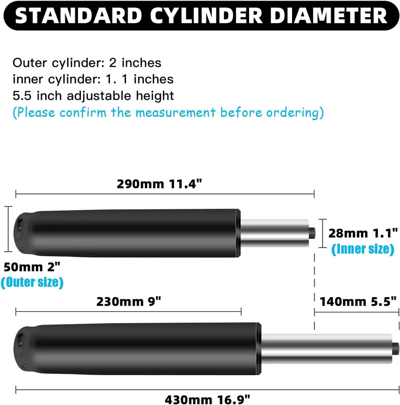 Adjustable Gas Lift Cylinder for Office Chairs, Black, 1000LBS Capacity gallery