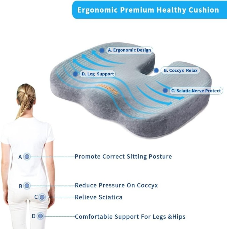 Ergonomic Memory Foam Seat Cushion for Tailbone Pain Relief - Grey 14"x14" gallery