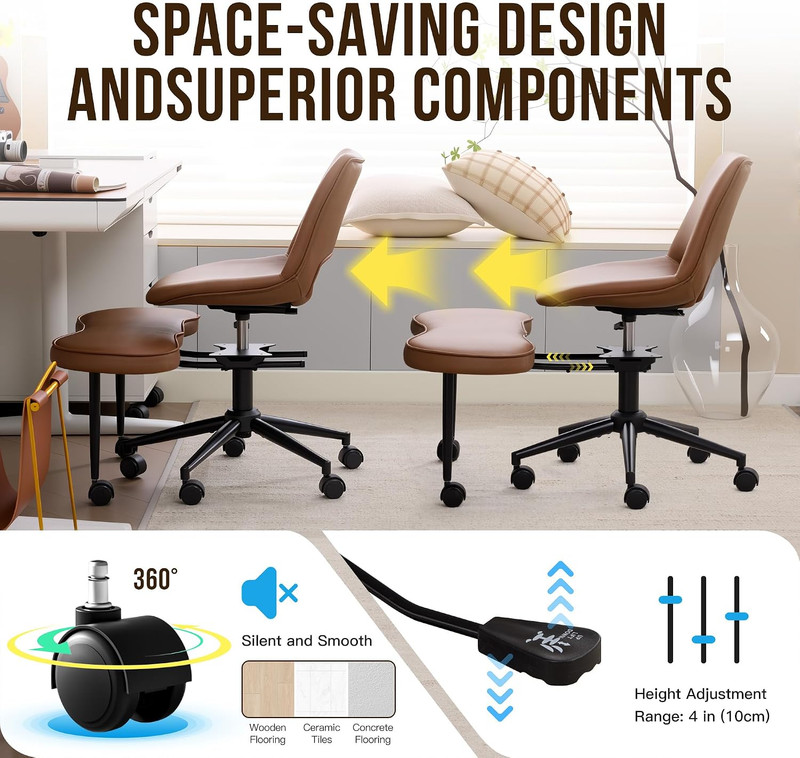 Ergonomic Cross Legged Office Chair with Lumbar Support & Wheels - Brown gallery