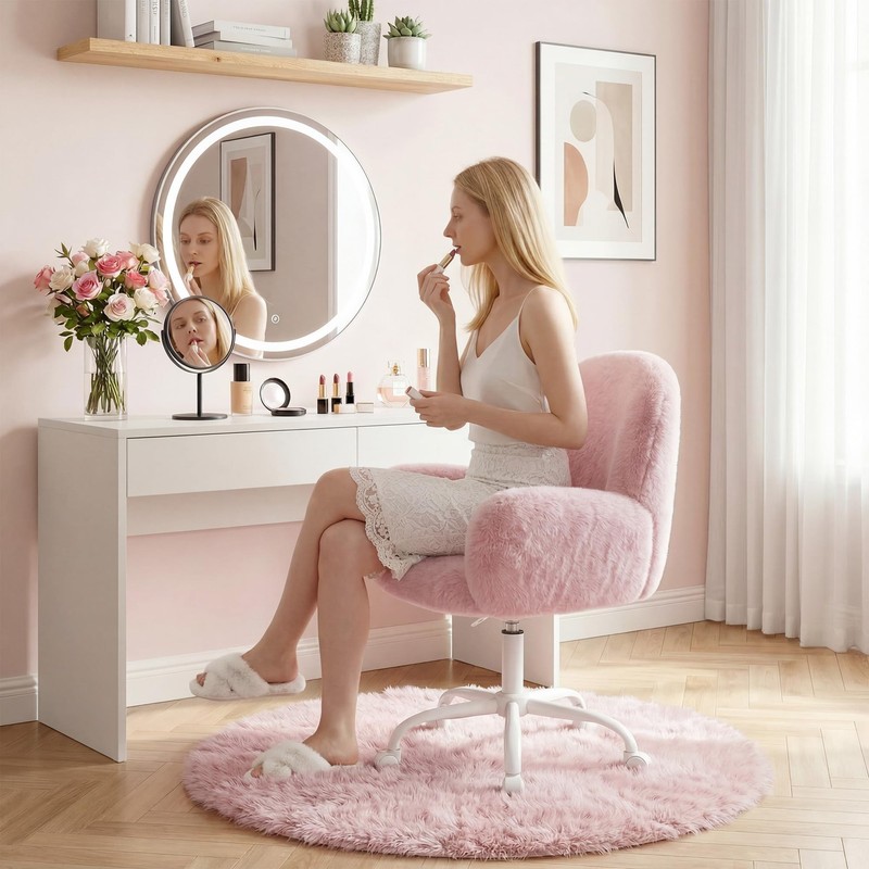 Vanity Chair with Round Hollow Back, Pink Desk Chair with Arms & Wheels, Cute... gallery