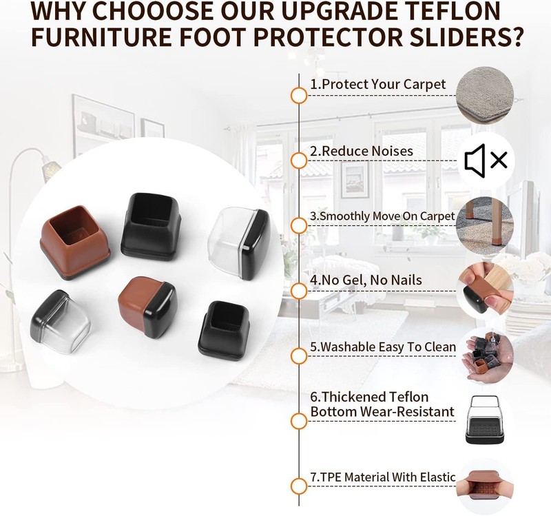 Ezprotekt Chair Leg Sliders for Carpet, 24 Pcs Square L-Clear, L-clear gallery