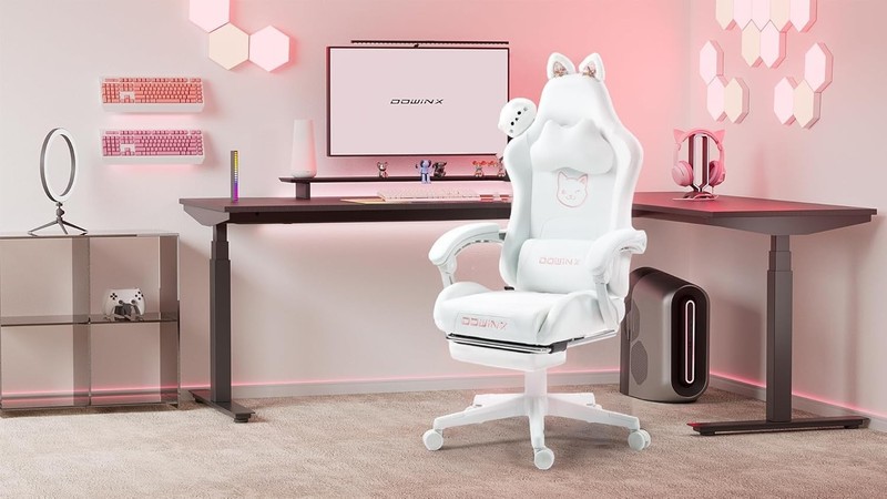 Gaming Chair Cute with Cat Ears and Massage Lumbar Support, Ergonomic Compute... gallery