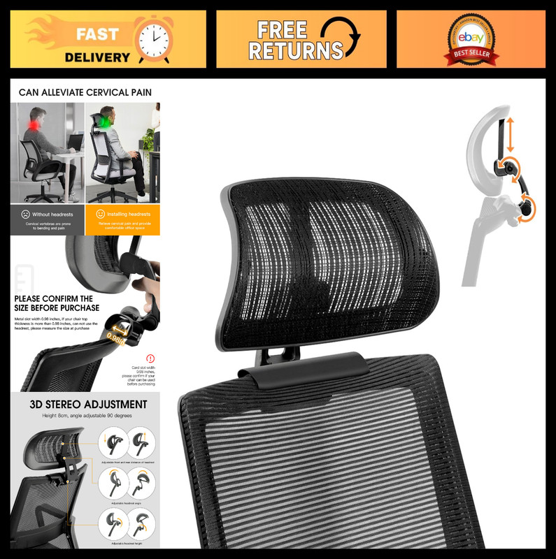 Ergonomic Office Chair Headrest Attachment - Adjustable Height & Angle, Mesh Des