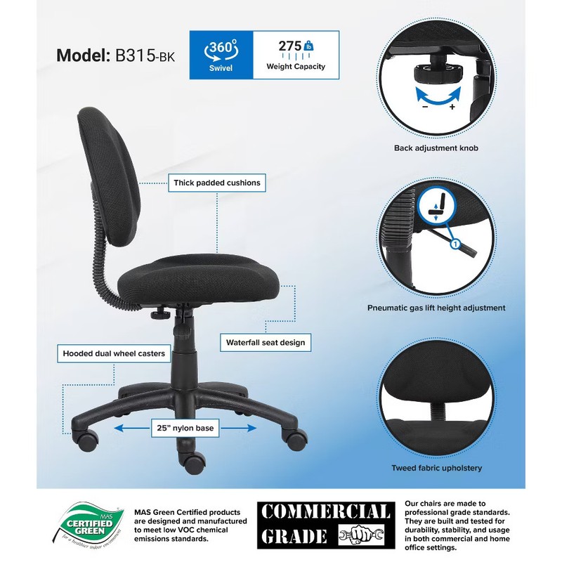 Deluxe Posture Chair Black - Boss Office Products: Armless, Swivel, gallery